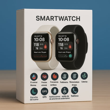 SmartWatch T500 – Monitor Médico 3 en 1 (Glucosa, Presión, Riesgo de ACV) | Menú en español