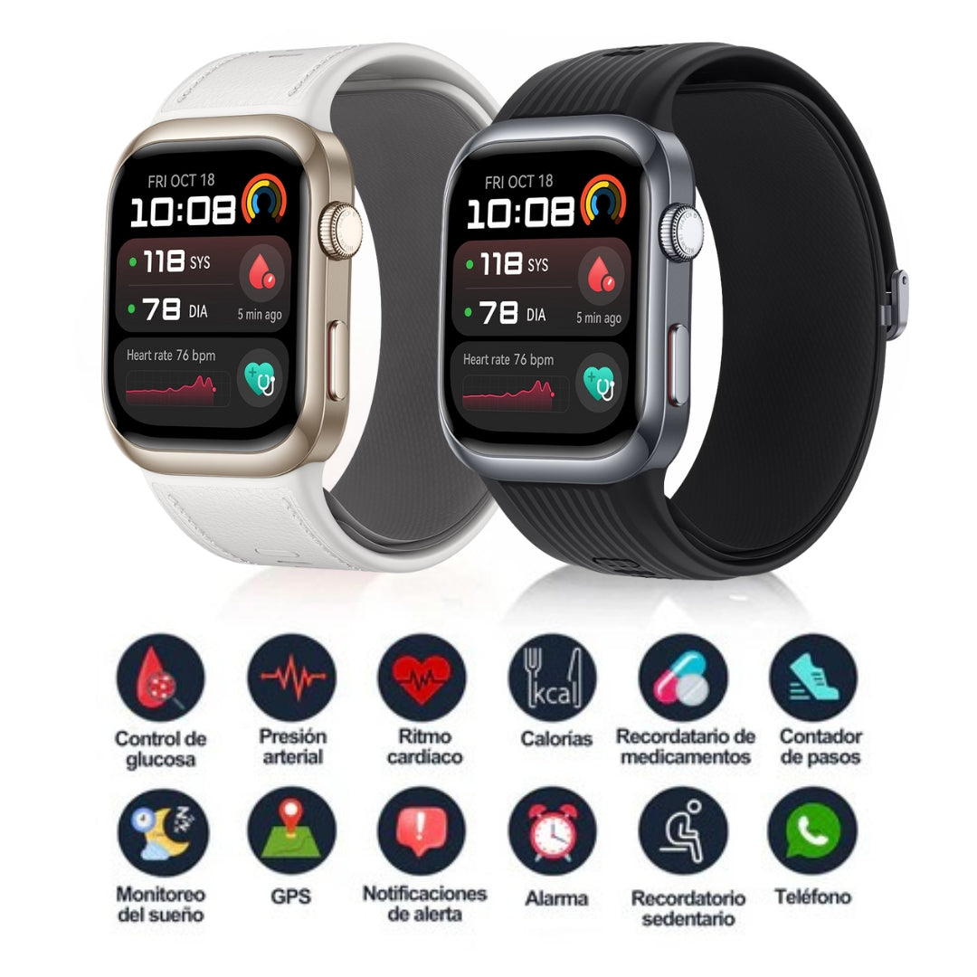 SmartWatch T500 – Monitor Médico 3 en 1 (Glucosa, Presión, Riesgo de ACV) | Menú en español